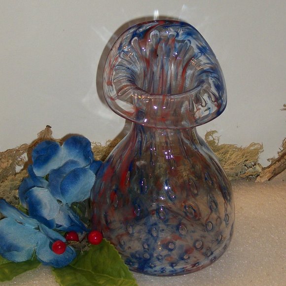 Hand Blown Bullicante Jack in the Pulpit Vase  6” T Blue Red Art Glass - Picture 1 of 12